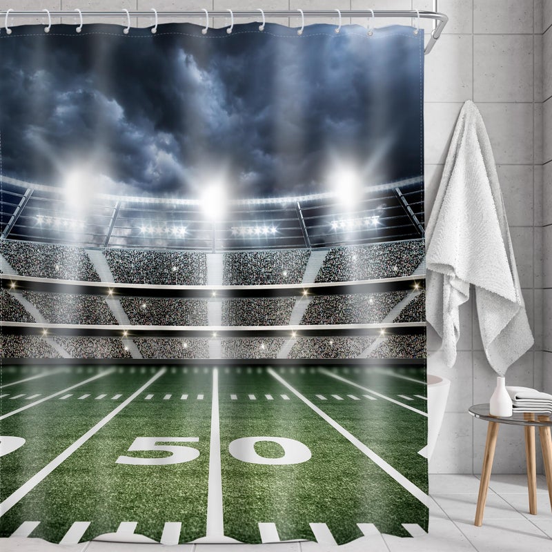 AMBZEK American Football Shower Curtain Boys Sports Bathroom Accessories 60Wx72L Men Masculine Shower Curtain Set Stadium Field Soccer Green Cloth Fabric Bathroom Decor Set with 12 Pack Hooks - Image 2